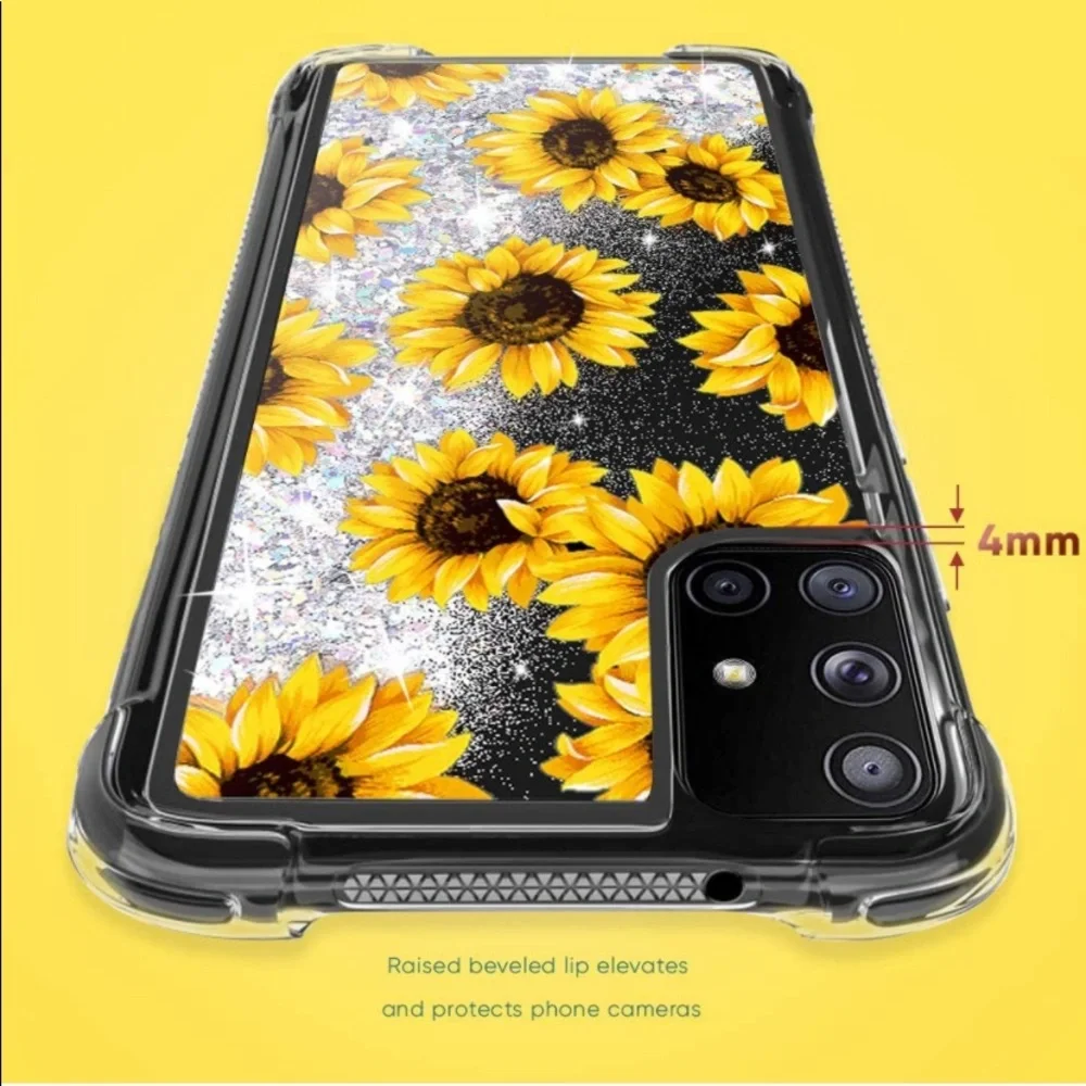 5for$10 Galaxy A71 4G, J7 2017 Bling Liquid Glitter Case Reinforced -Sunflower